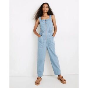 Madewell Denim Zip Smock-Waist Jumpsuit in Baisley Wash Blue Boho Cotton Stretch